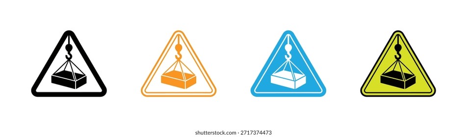 carga de aviso suspensa com placa triangular amarela. Adequado para cartazes e ícones da Web. Sinais de aviso para operações pesadas de elevação em ambientes industriais