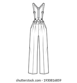 Suspender Pants Dungarees technical fashion illustration with full length, normal rise waist with pockets. Flat apparel garment bottom front, white color style. Women CAD mockup