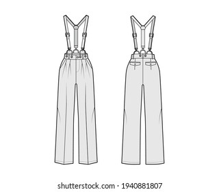 Suspender Pants Dungarees technical fashion illustration with full length, normal waist, high rise, pockets. Flat apparel garment bottom front back, grey color style. Women, men unisex CAD mockup