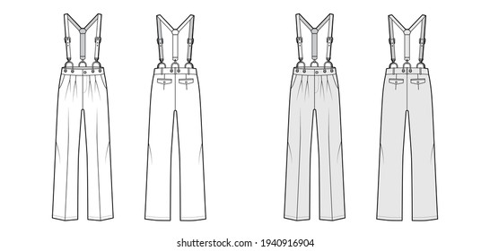 Suspender Pants Dungarees technical fashion illustration with full length, low waist, rise, pockets. Flat apparel garment bottom front back, white, grey color style. Women, men unisex CAD mockup