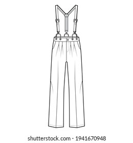 Suspender Pants Dungarees technical fashion illustration with full length, low waist, rise, pockets. Flat apparel garment bottom front, white color style. Women, men unisex CAD mockup