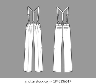 Suspender Pants Dungarees technical fashion illustration with full length, low waist, rise, pockets. Flat apparel garment bottom front back, white color style. Women, men unisex CAD mockup