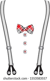 suspenders with  bow tie in check & buttons vector illustration for kids t shirt