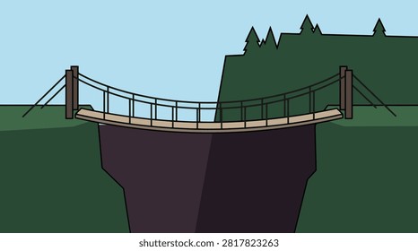Suspension bridge across a deep cliff canyon with bridge span, design