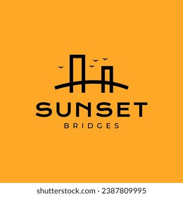 suspension bridge building construction sunset with birds colony modern simple minimalist logo design vector icon illustration