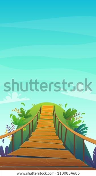 suspension bridge cartoon\
background in jungle nature exotic plants with summer sign , vector\
illustration bright colours funny and happy travel traveling\
poster
