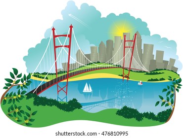 Suspension bridge and city.