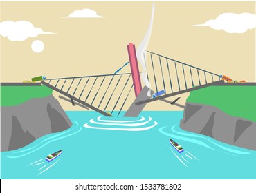 A suspension bridge collapses over a canal causing a deadly accidents to motorists. Editable Clip Art