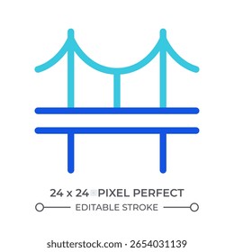 Ícone de interface do usuário de linha colorida da ponte de suspensão. Infraestrutura de transporte, sistema. Construção, engenharia. Símbolo linear duotônico de vetor isolado. Elemento de interface do usuário, pixel perfect