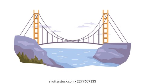 Suspension bridge connecting river banks, overpass for people and vehicles. Road or way for cars and transportation, city architecture. Vector in flat style