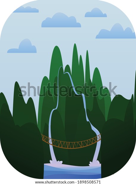 Suspension bridge in the green hills over the\
precipice. Forest mountains with a waterfall and a river. Modern\
vector flat illustration. Design for posters, pictures, postcards,\
textiles, t-shirts.