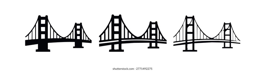 Suspension Bridge Icons Set - Architectural Landmark and Connection Symbols