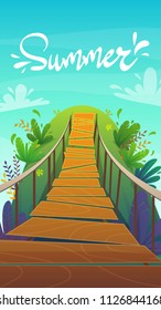 suspension bridge in a jungle cartoon background of summer exotic nature , bright colour funny and cheerful travel vertical vector illustration