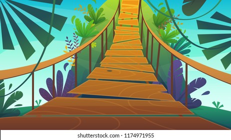 suspension bridge in a jungle cartoon background of summer exotic nature , bright colours funny and happy travel vertical vector illustration