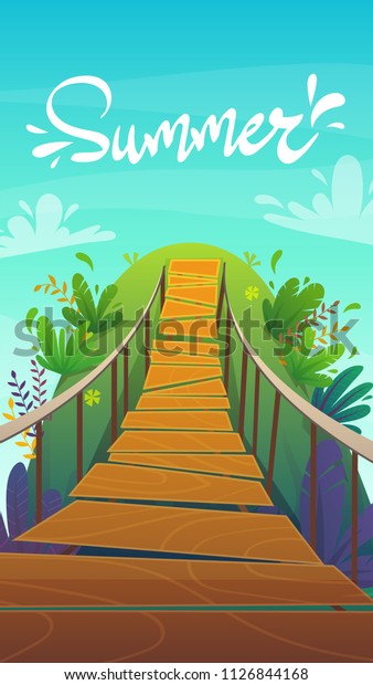 suspension bridge in a jungle cartoon\
background of summer exotic nature , bright colour funny and\
cheerful travel vertical vector\
illustration