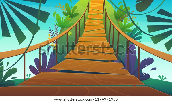 suspension bridge in a jungle cartoon\
background of summer exotic nature , bright colours funny and happy\
travel vertical vector\
illustration
