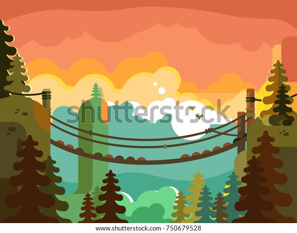 ジャングル風のデザインフラットに吊り橋 自然の緑の公園 冒険と活動的な旅行 ベクターイラスト のベクター画像素材 ロイヤリティフリー 750679528