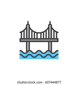 Suspension bridge line icon, filled outline vector sign, linear colorful pictogram isolated on white. Symbol, logo illustration. Editable stroke. Pixel perfect