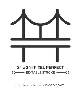 Ícone de interface do usuário da linha de ponte de suspensão. Infraestrutura de transporte, sistema. Construção, engenharia. Símbolo de contorno de vetor isolado. Elemento linear da interface do usuário do Webdesign, pixel perfect