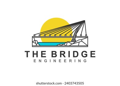 Suspension bridge logo over river with sunset view