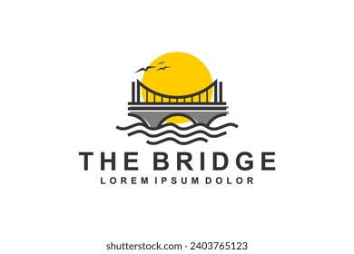 Suspension bridge logo over river with sunset view