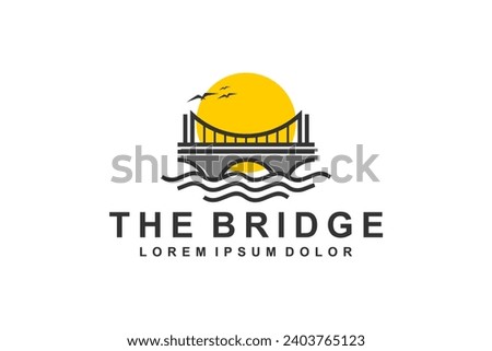 Suspension bridge logo over river with sunset view