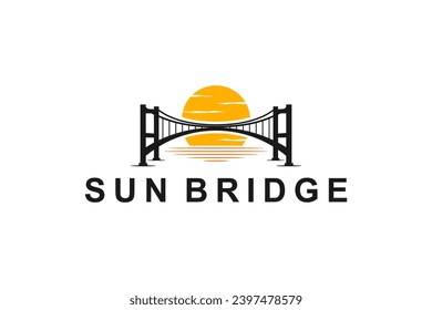 Suspension bridge logo silhouette with sunset light, simple minimalist design.