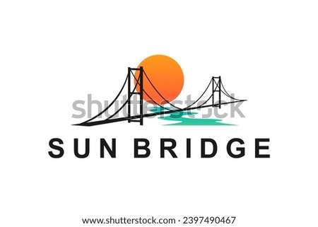 Suspension bridge logo silhouette with sunset light, simple minimalist design.