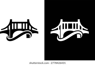 Suspension bridge logo with water wave element representing infrastructure connectivity transportation and engineering construction suspension architecture infrastructure engineering construction