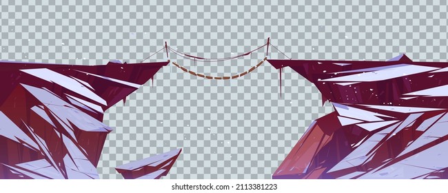 Hängebrücke auf dem Abgrund zwischen Felsen mit Schnee einzeln auf transparentem Hintergrund. Vektorgrafik-Illustration einer hölzernen Seilbrücke über den Abgrund im Winter in den Bergen