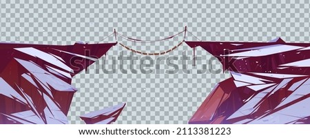 Suspension bridge over precipice between cliffs with snow isolated on transparent background. Vector cartoon illustration of wooden rope bridge over abyss in mountains in winter