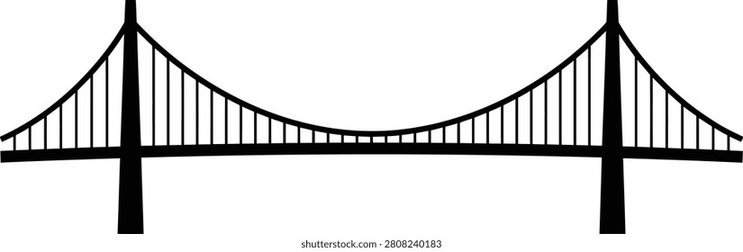Suspension bridge silhouette graphic element featuring long span structure with cables for civil engineering design assets.