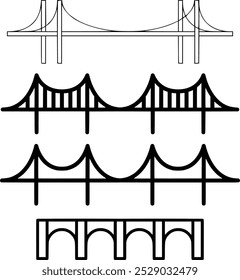 Suspension Bridge Vector Set | Including Bridge, Overpass, Viaduct, Archway, Footbridge, Causeway, Flyover, Span, Pedestrian Bridge, Aqueduct, Pontoon, Toll Bridge, Crossing, Elevated Walkway, Skyway,