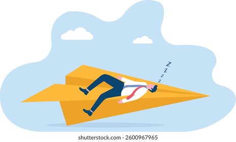 Suspension of business. Businessman sleeping on a paper rocket

