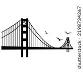 Suspension cable bridge and birds flying vector illustration.