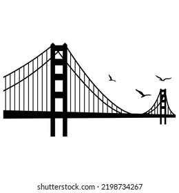 Suspension Cable Bridge And Birds Flying Vector Illustration.