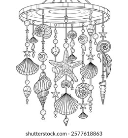 Suspension of crafts from sea shells.Shell crafts hanging.Coloring book antistress for children and adults. Illustration isolated on white background.Zen-tangle style. Hand draw