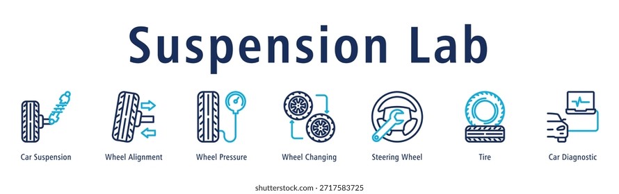 Ilustración vectorial de iconos de Anuncio de Web de laboratorio de suspensión con iconos de suspensión de automóvil, alineación de rueda, presión de rueda, cambio de rueda, volante, neumático y diagnóstico de automóvil.