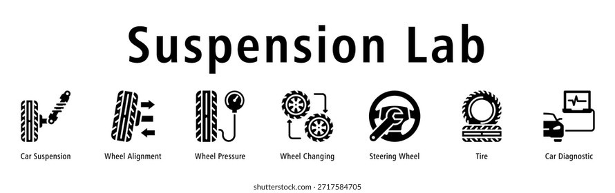 Ilustración vectorial de iconos de Anuncio de Web de laboratorio de suspensión con iconos de suspensión de automóvil, alineación de rueda, presión de rueda, cambio de rueda, volante, neumático y diagnóstico de automóvil.