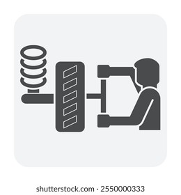 Suspension, mechanics or technician vector icon. Include air cross wrench, coil spring, coilovers or strut, rubber tire wheel. To check, repair, service, maintenance for auto car, automotive vehicle.