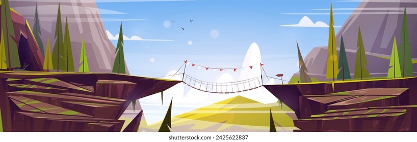 Suspension rope bridge in mountains. Vector cartoon illustration of rocky canyon landscape, fir tree forest, green grass on cracked stones, birds flying in blue sunny sky, travel adventure background