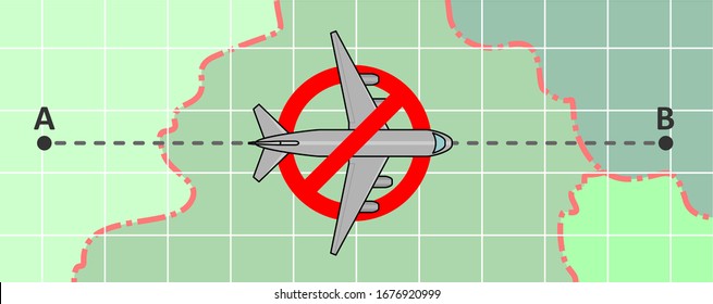suspension, stop of flight communication, flights. Closing the borders of countries, covid-19, coronavirus. Vector airplane in prohibition sign, on a map background. Fly from point A to point B.