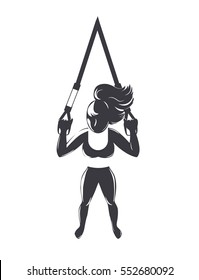 Suspension training icon. Girl doing workout with fitness straps. Vector illustration
