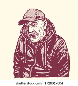 Suspicious bearded middle-aged man in a cap. Vector Illustration