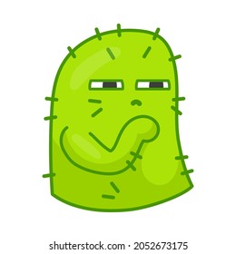 Suspicious cactus cartoon character sticker. Green plant with spikes. Flat vector illustration. Face expressions and emotions concept