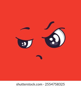 Suspicious cartoon face expressing distrust, skepticism, and doubt with squinted eyes and a furrowed brow on a vibrant red background, conveying a sense of unease and questioning