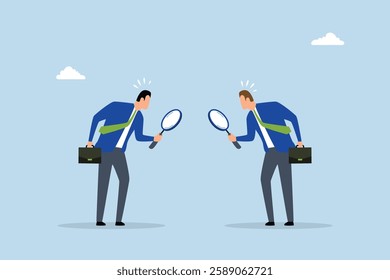 Suspicious, distrustful entrepreneurs scrutinize one another with a magnifying lens 
