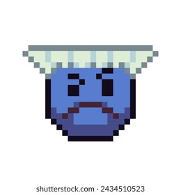 Suspicious emoticon, pixel art icon, blue face, smile cartoon character. 8-bit flat style. Isolated abstract colorful vector illustration.
