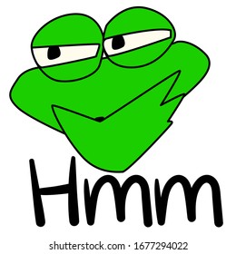 Suspicious green frog. Emotion of thought and doubt. The word "hmm" written by hand. Vector cartoon character for stickers, logo, emblems and print. Stock image of a toad on a white background.