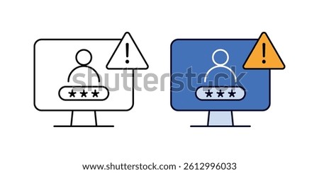Suspicious login activity icon. User login form with warning sign on screen, shown in outline and color versions. Perfect for cybersecurity or unauthorized access alerts.